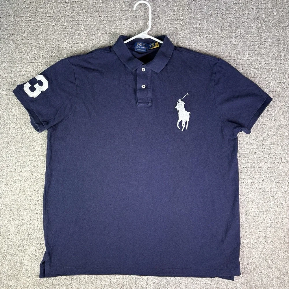Polo Ralph Lauren Men's Big Pony Navy Blue Custom Slim Fit Polo Shirt XL Golf